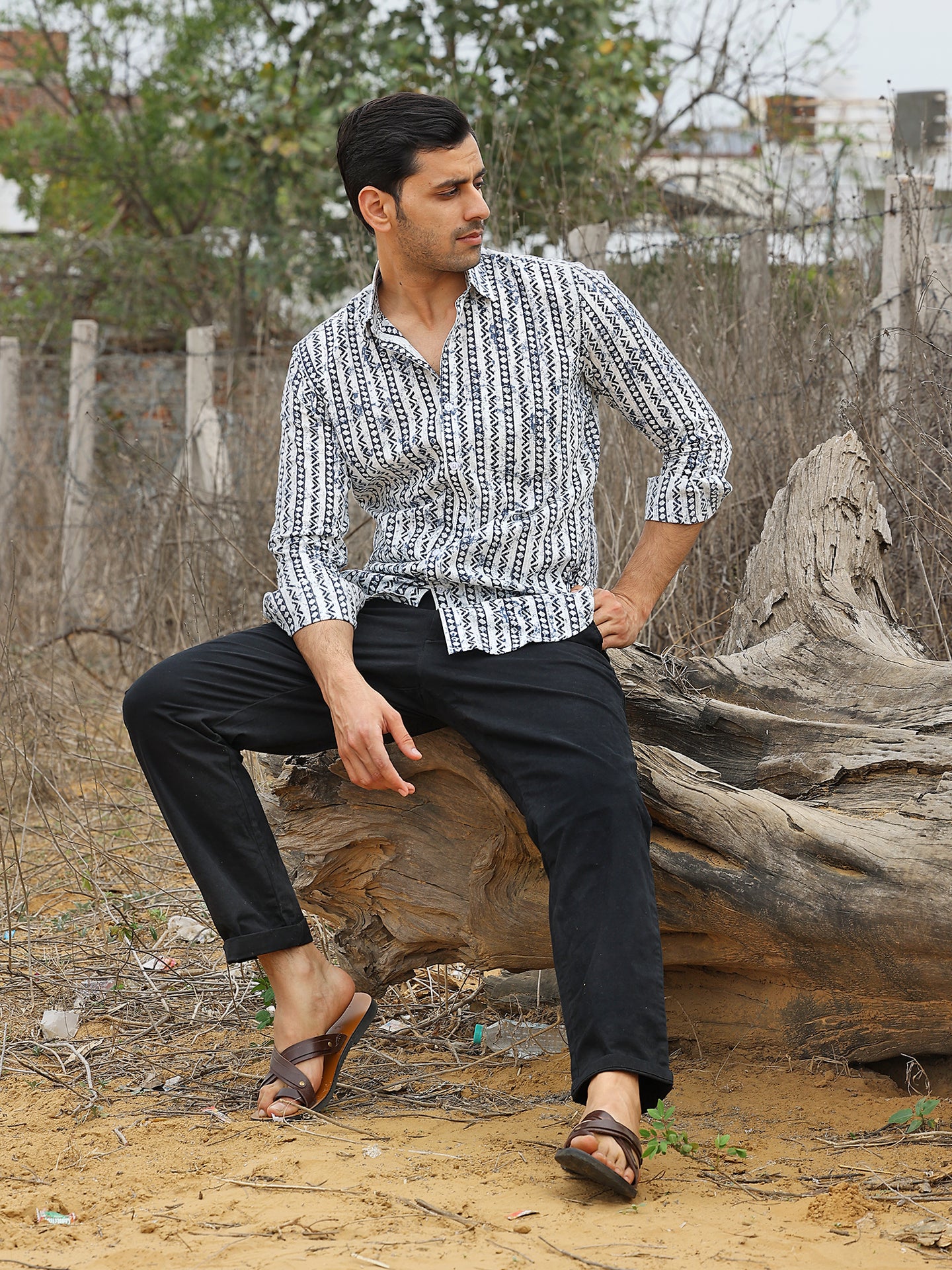 Full Sleeve White Geometrical Line Printed Men's Cotton Shirt